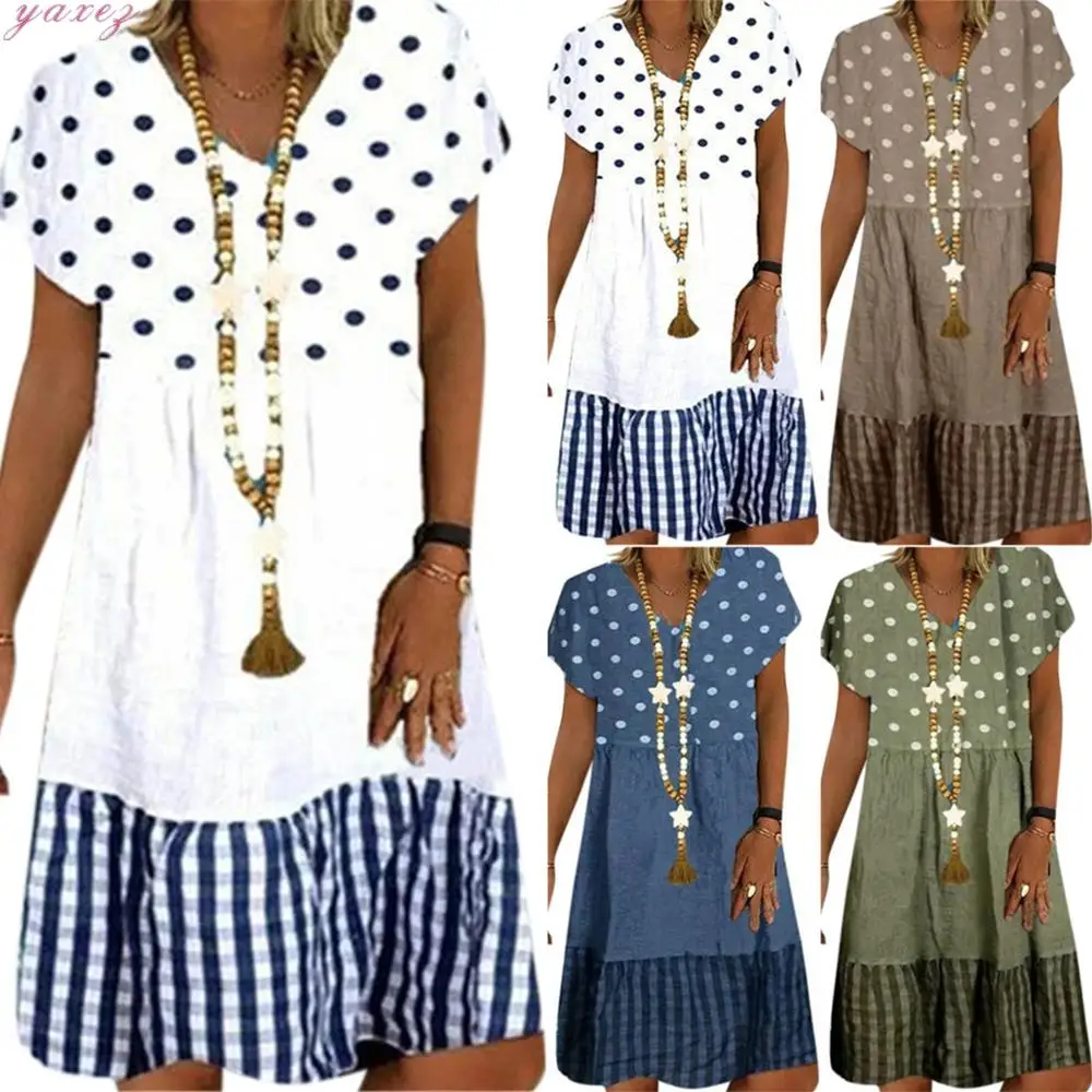 

Yaxez Summer Polka Dot Plaid Patchwork Print Dress V Neck Plus size Women Party Dress Vintage Short Sleeve Beach DressVestidos