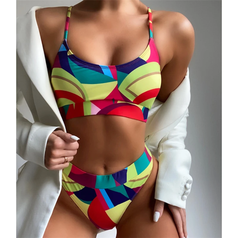 

Sexy Bandeau Bikini Mujer 2021 Summer High Waist Swimwear Women 2 Pieces Set Push Up Patchwork Swimsuit Biquini New Bathing Suit