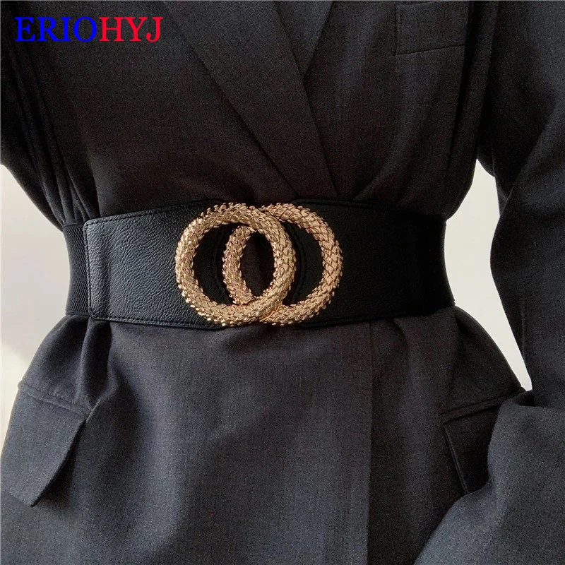 

New Wide Waistbands For Coat Women Black Elastic Cummerbunds Dress Alloy Gold Big Circle Buckle Belts Fashion Girl Waist Seal