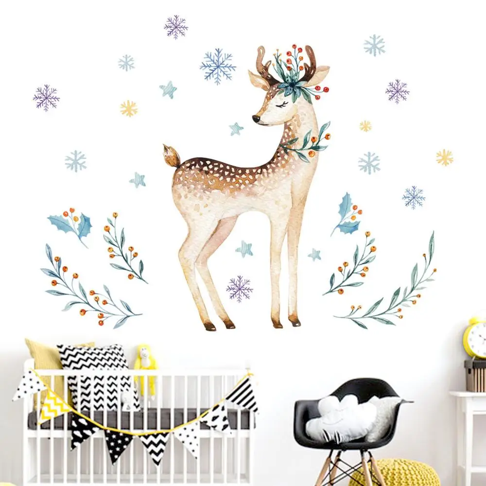 Симпатичная наклейка Cartton на стену с изображением лося снежинки наклейки-ленты