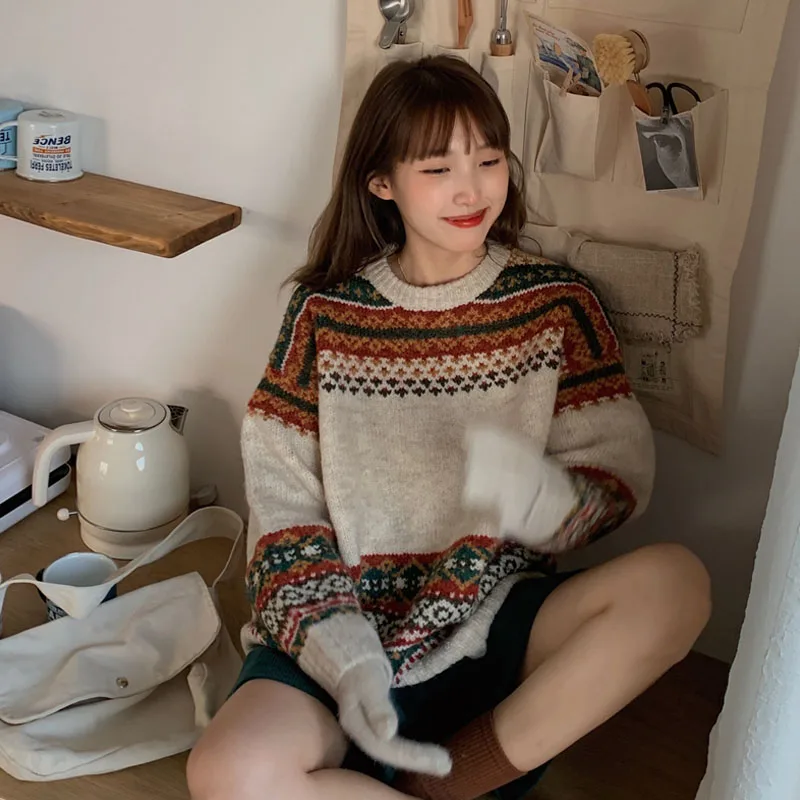 

New 2020 Winter Women Christmas Vintage Girl Fashion Casual Plaid Ladies Sweaters Kawaii Rhombus Color Matching Winter Sweater