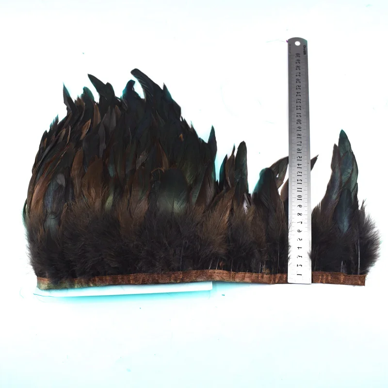 Dark brown 1 метр натуральный петух перья отделка бахрома для рукоделия plumas 13-18 см черные перья ленты DIY швейная одежда вечерние украшения - Цвет: Dark brown