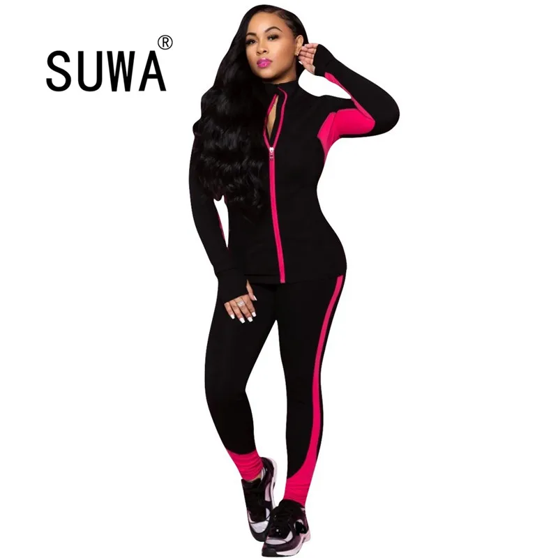 

Autumn winter sporty tracksuit women two piece set long sleeve coat top + sweatpants stacked joggers suit fitness outfits