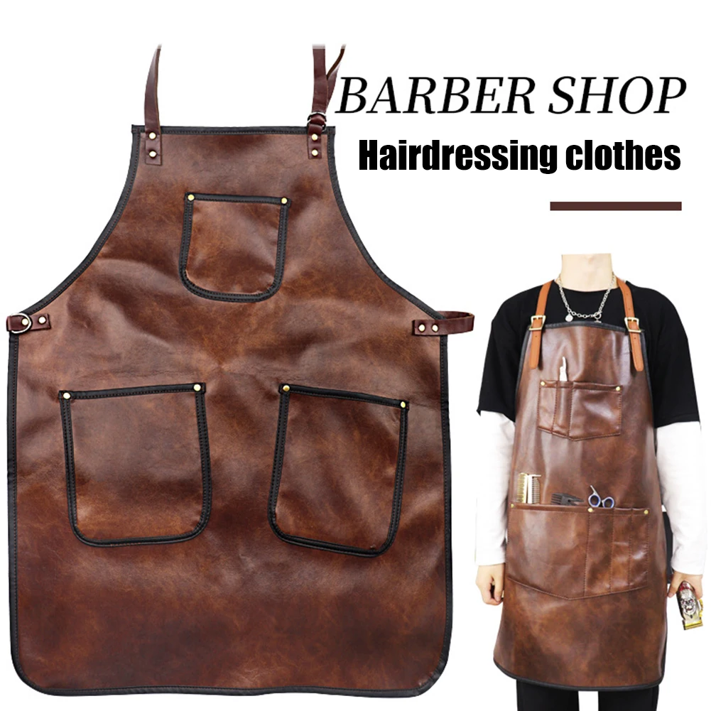 

Leather aprons Professional Hairdressing Denim Apron for men Salon Barber Shop Retro Multi Pockets Dyeing and Cutting Hair Bib