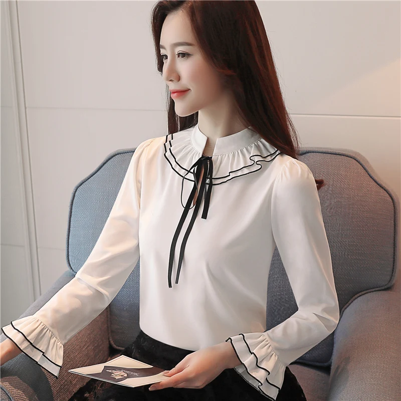 2019 модная женская блузка Рубашки шифоновые с длинным рукавом белые женские топы
