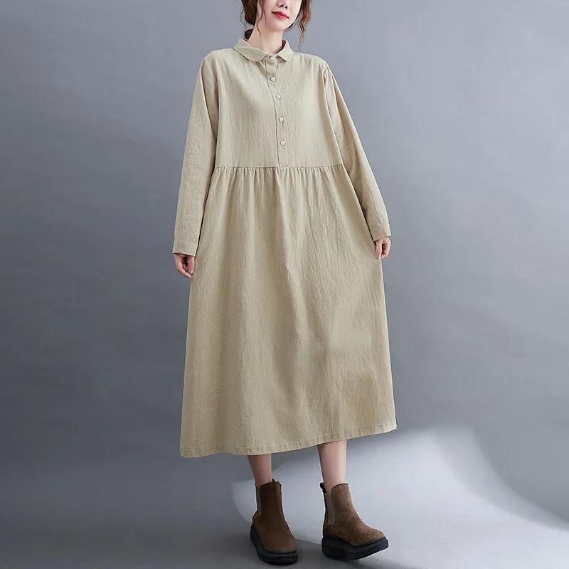 

VANOVICH Doll Collar Linen Long Sleeve Long Shirt Dress 2021 Fall Casual Lady Elegant Dresses for Women