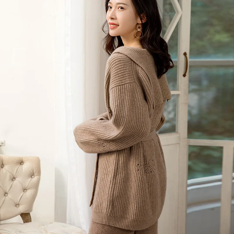 

100% Crew Up Neck Lace Cashmere Thick Cardigan Winter Warm Sweater Belt High Street Solid Woman Sweaters Outwear