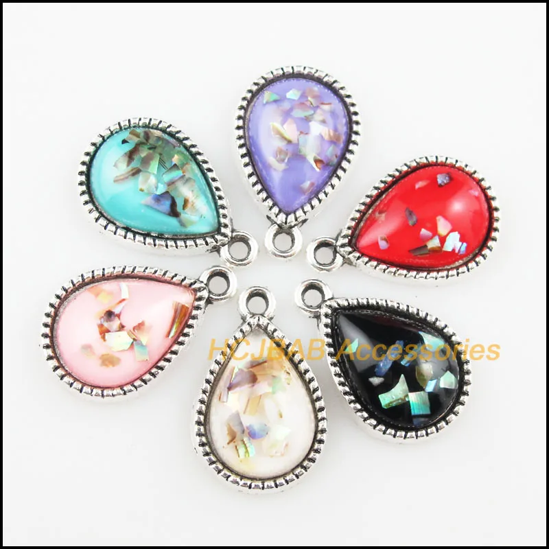 

12 New Shivering Resin Pendants Teardrop Mixed Charms Tibetan Silver 13x19.5mm