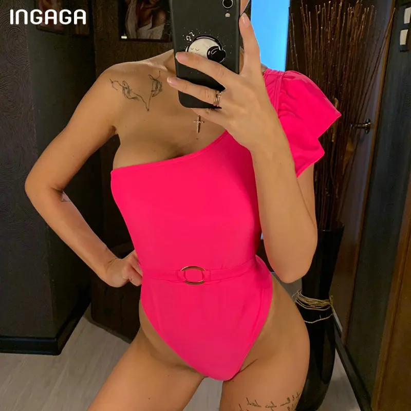 INGAGA, сексуальный купальник на одно плечо, женская одежда для плавания с рюшами, Цельный купальник с поясом, одежда для плавания с высоким вырезом, пляжная одежда, одноцветная купальная одежда