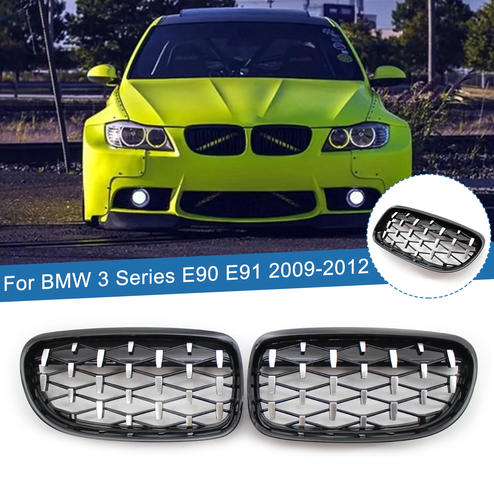 

1 Pair Car Diamond Style Front Bumper Kidney Grille Replacement Racing Grills For BMW 3 Series E90 E91 2009-2012 Car Accessories