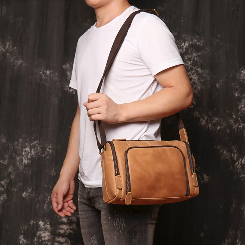 Business Men's Real Genuine Leather Shoulder Bags Male Crazy Horse Leather Messenger Bag Fashion Men's Crossbody Bag For IPAD