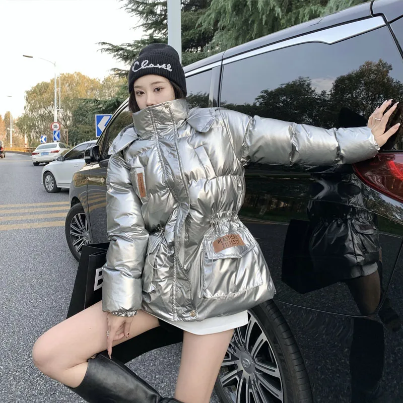 

New European Style Shiny Silver Winter Thick Warm Cotton Hooded Jacket Coat Female Slim Drawstring Parka Jacket Casual Coat Tops