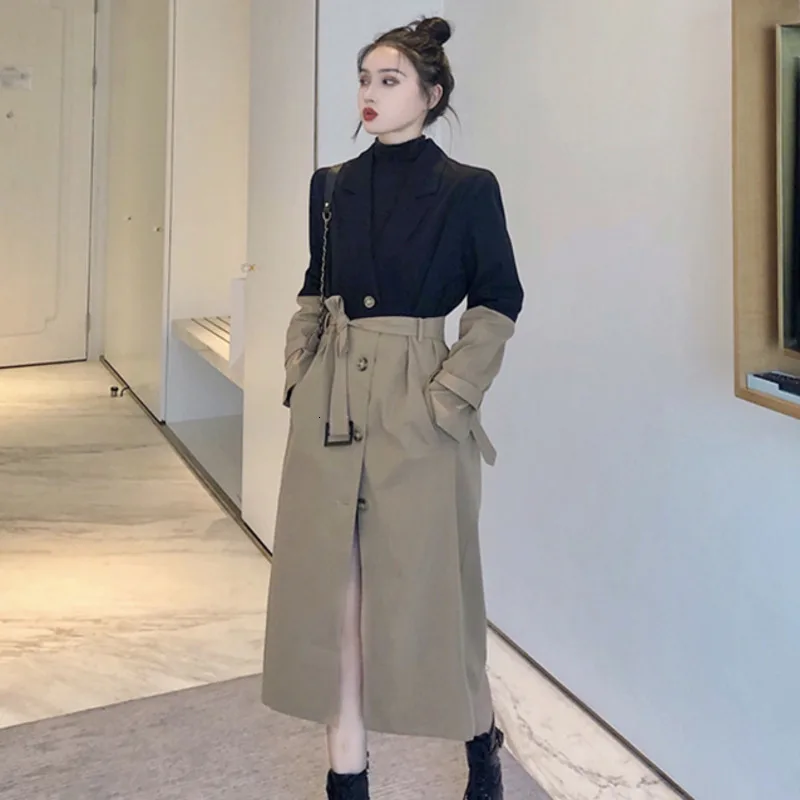 LANMREM 2019 осень и зима новая мода контрастный цвет лацканы длинный рукав ветровка