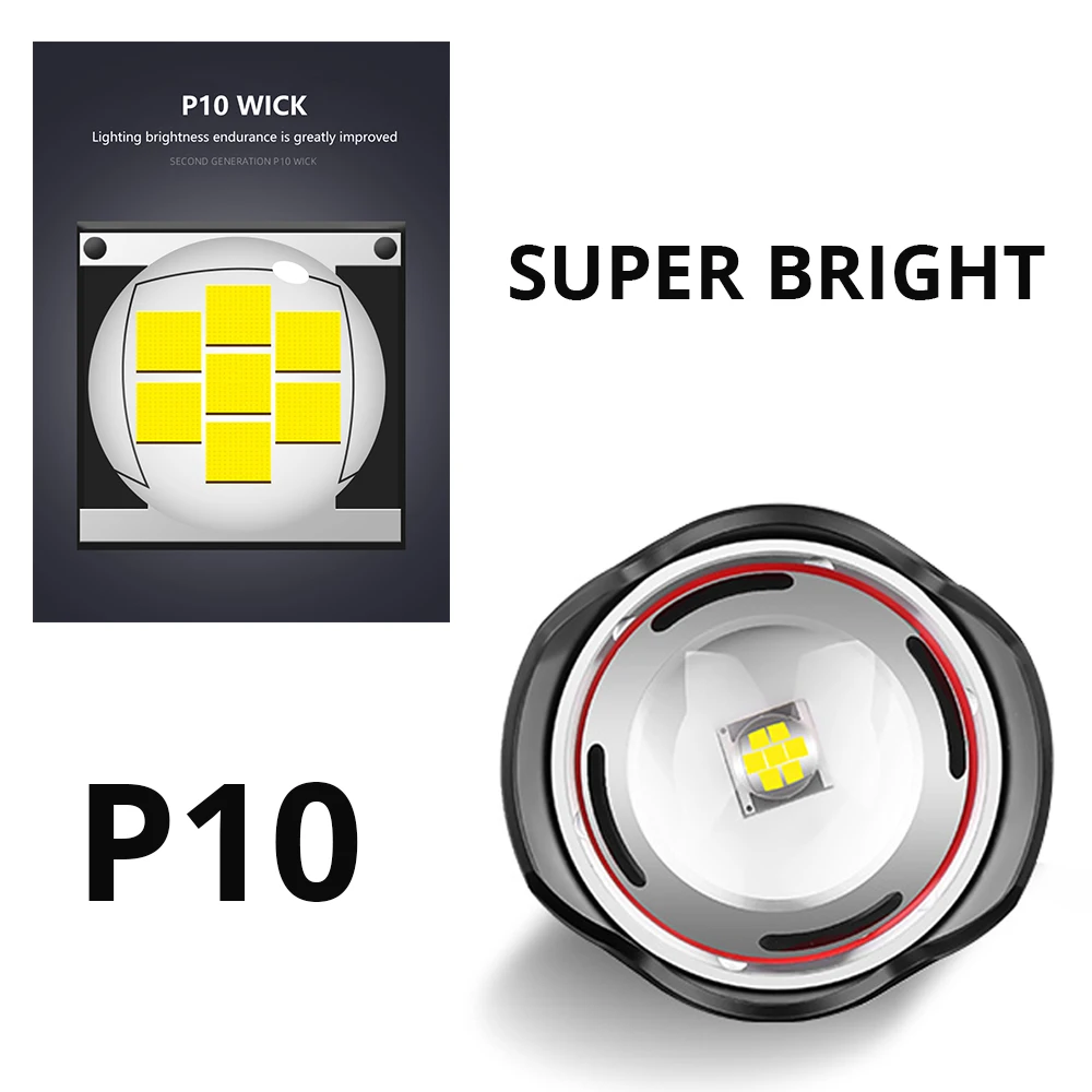 저렴한 새로운 슈퍼 7 코어 P10 LED 손전등, 스마트 칩, 전원 디스플레이, 방수, 어드벤처, 캠핑, 줌 토치, 충전 보물 기능