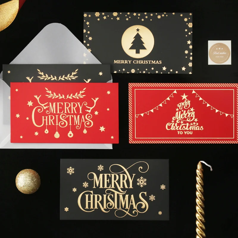 

Black Red Simplicity Merry Christmas Card Santa Claus Snowman Deer Gratitude Blessing Greeting Card Kraft Envelope Letter Paper