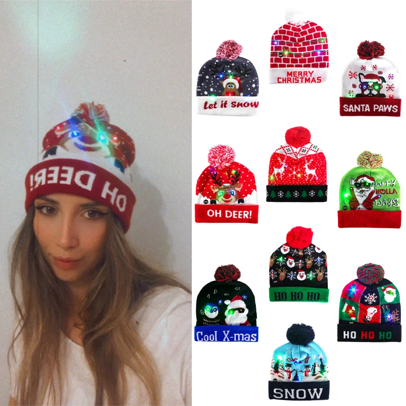 

Winter Christmas Hats Knitted Beanie LED Light Up Santa Elk Patteren Kids Adults 2022 New Year Christmas Decorations Supplies