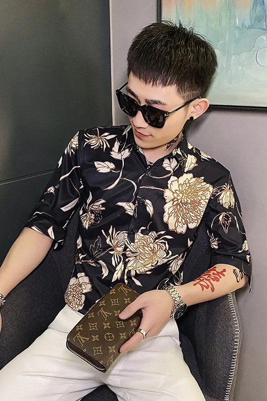 

2021 Summer Flower Shirts Men Slim Fit Streetwear Shirts Short Sleeve Casual Shirt Social Party Male Clothing Chemise Homme