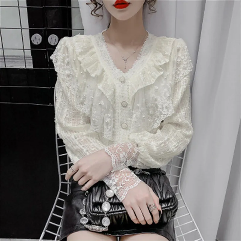 

2021 long-sleeved woven flower hollow small dot chiffon shirt women's ruffled embroidered shirt professional wear striped tops