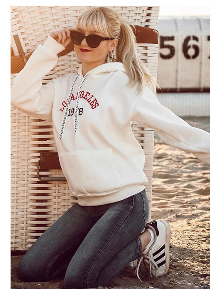 Dotfashion, белая толстовка с капюшоном и вышитыми буквами, на шнурке, с карманом, для женщин, консервативный дизайн, осенние пуловеры с капюшоном, Весенняя Толстовка с длинным рукавом