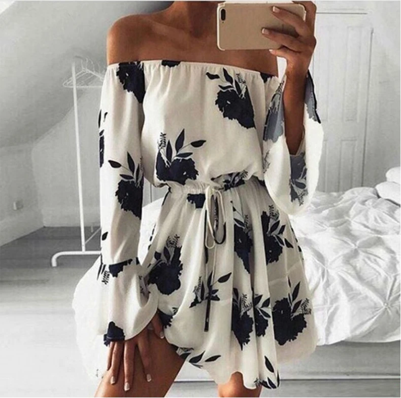 Женское пляжное платье бохо свободное мини с принтом открытыми плечами роговыми