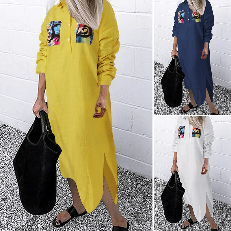 Женский хлопковый сарафан ZANZEA однотонное длинное платье рубашка с отложным