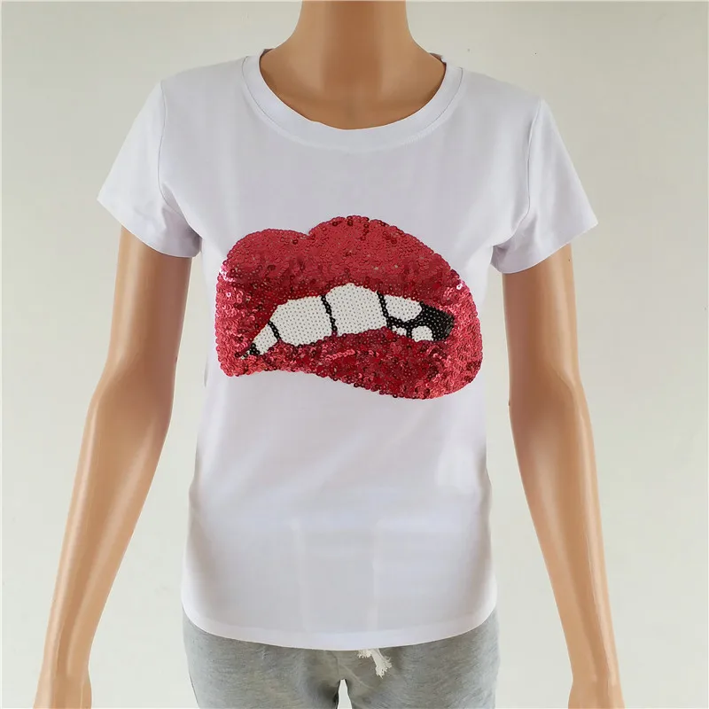 Hot Sale 2022 New Fashion Casual Printed Women's T-shirts Brand Summer Short Sleeve Loose Top Tee Shirt Lips sequins Z026 | Женская