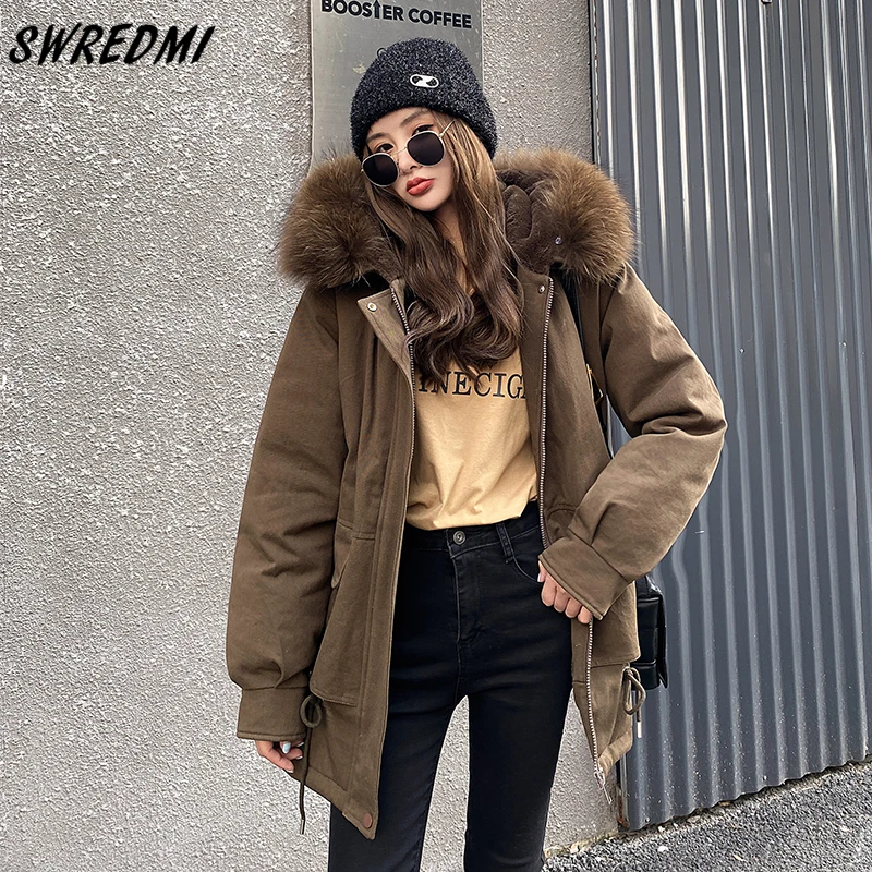 

SWREDMI Long Warm Jackets Winter Women Wool Liner Parkas Snow Wear Large Fur Collar Wadded Coats Female Drawstring Clothing Lady
