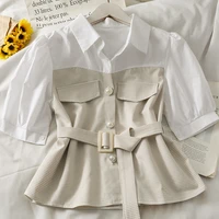 2021 summer womens french stitching pearl single breasted lapel small shirt belt high waist puff sleeve shirt tunic tunic