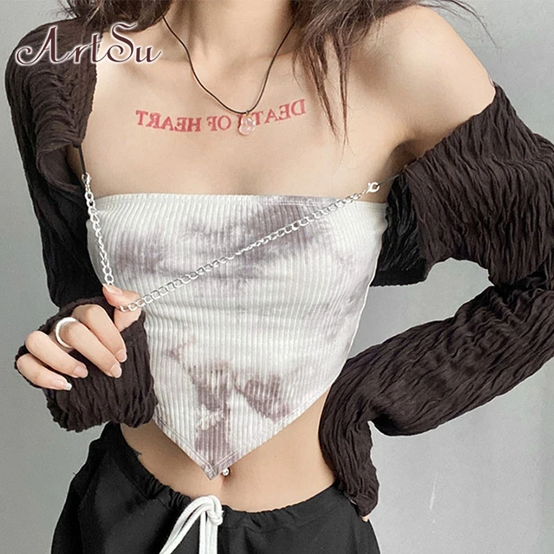 

Женская Винтажная футболка без бретелек ArtSu, коричневая укороченная футболка с длинным рукавом и цепочкой, осень