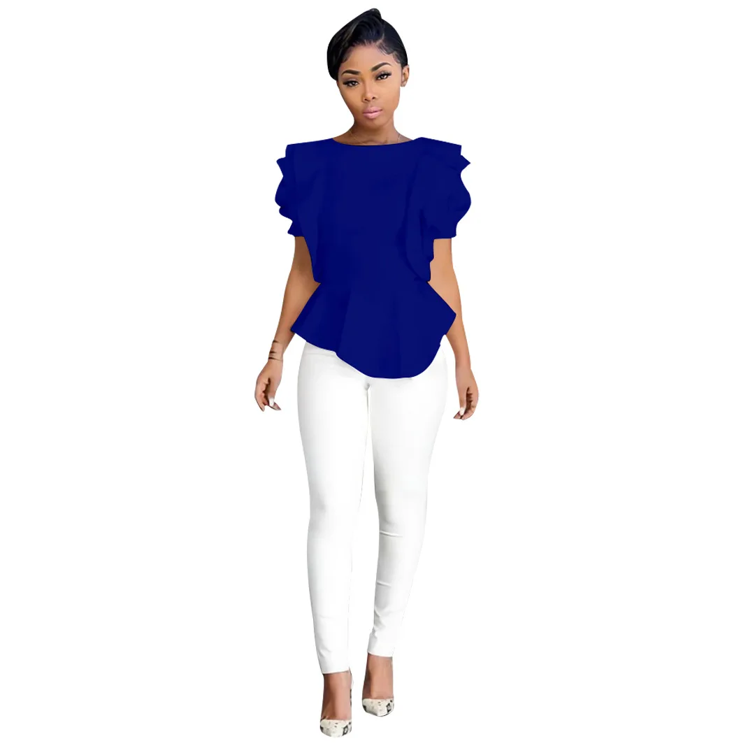 

SSEURAT Women Ruffles Short Sleeve O Neck Summer Chic Shirt Solid Elegant Top