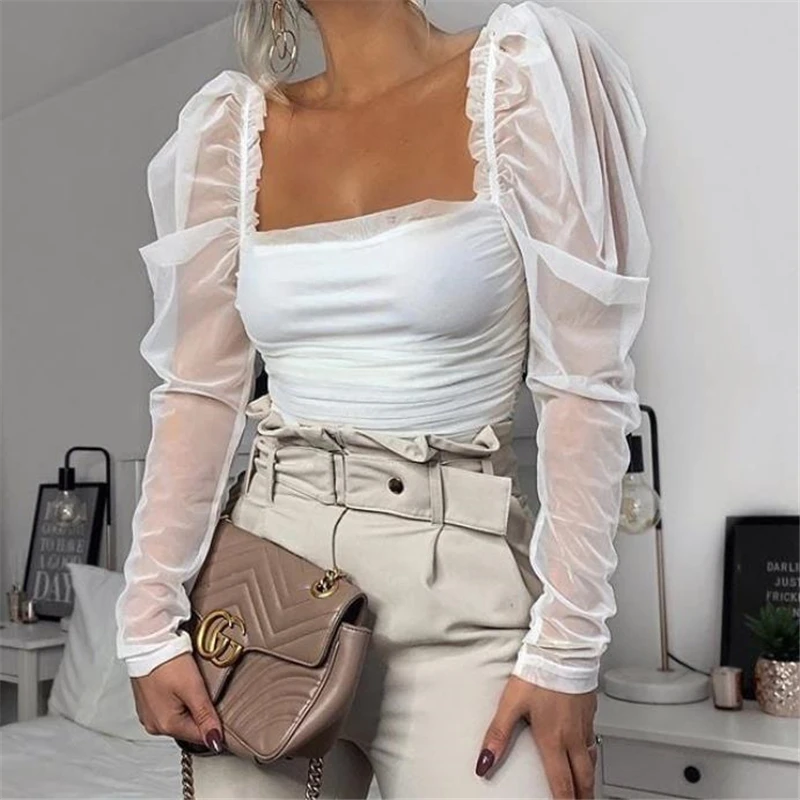 Осенняя винтажная рубашка с квадратным вырезом женская футболка длинными