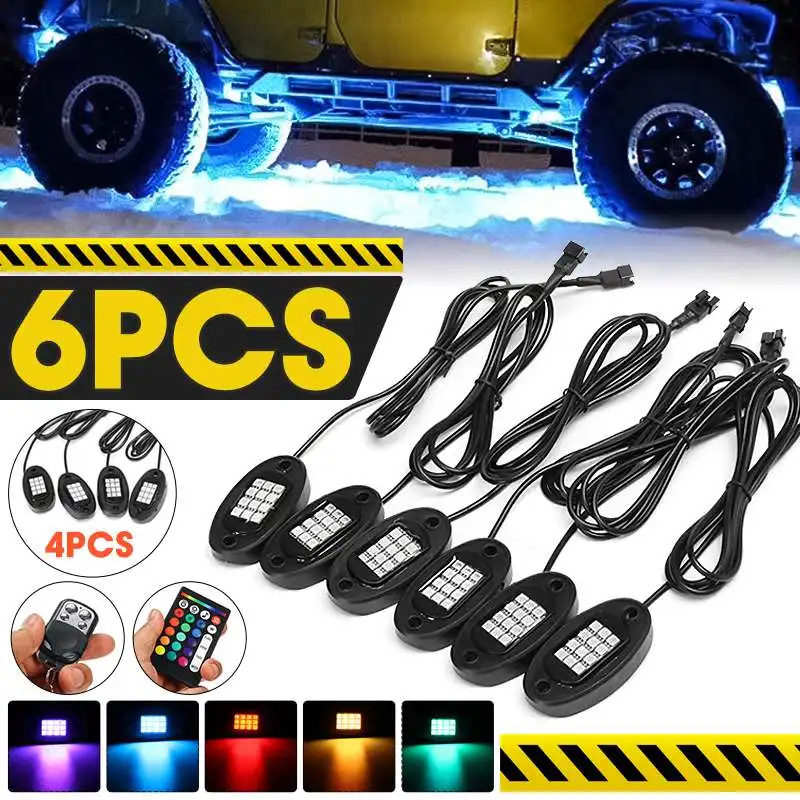 

6 In 1 LED Rock Light Under Body Light 18W RGB Colorful Car Atmosphere Lamp bluetooth Offroad Pickup SUV ATV Truck Rock Lamp