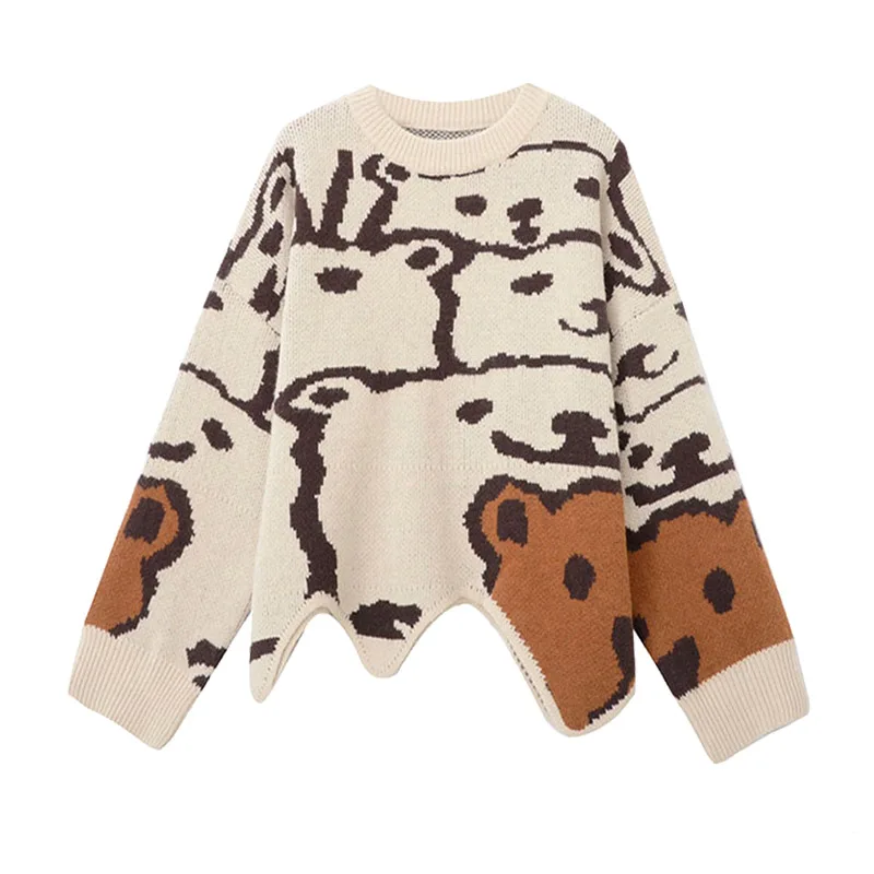 

Женский Асимметричный вязаный свитер в японском стиле, мягкий теплый пуловер с длинным рукавом и принтом медведя в стиле Харадзюку, Милый В...