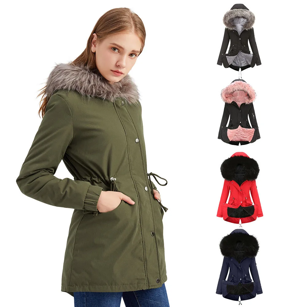 Women's New Winter Thickened Long Parka Coat Fur Collar Hoodie Plus Size Cotton Jacket Long-Sleeved Zipper Pocket Jacket Women