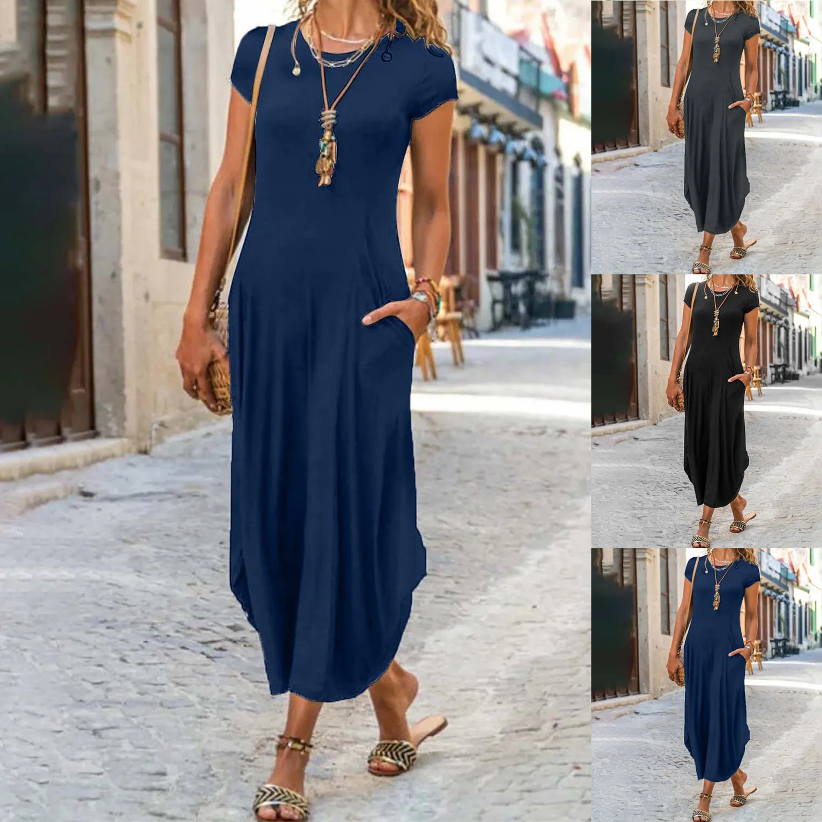 

Dresses For Women 2021 O-neck Mid-waist Skirt Solid Color Short Sleeve Fashion Long Skirt Robe Longue Femme Été Midi Dress Robe