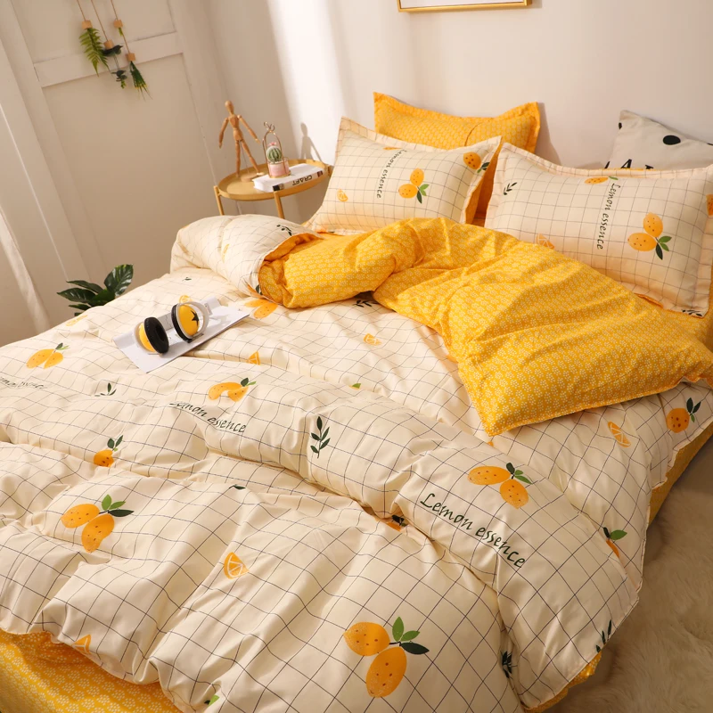 

Nordic bedding set cartoon lemon duvet cover sheet pillowcases cute bed linen for kids children adult single queen king size
