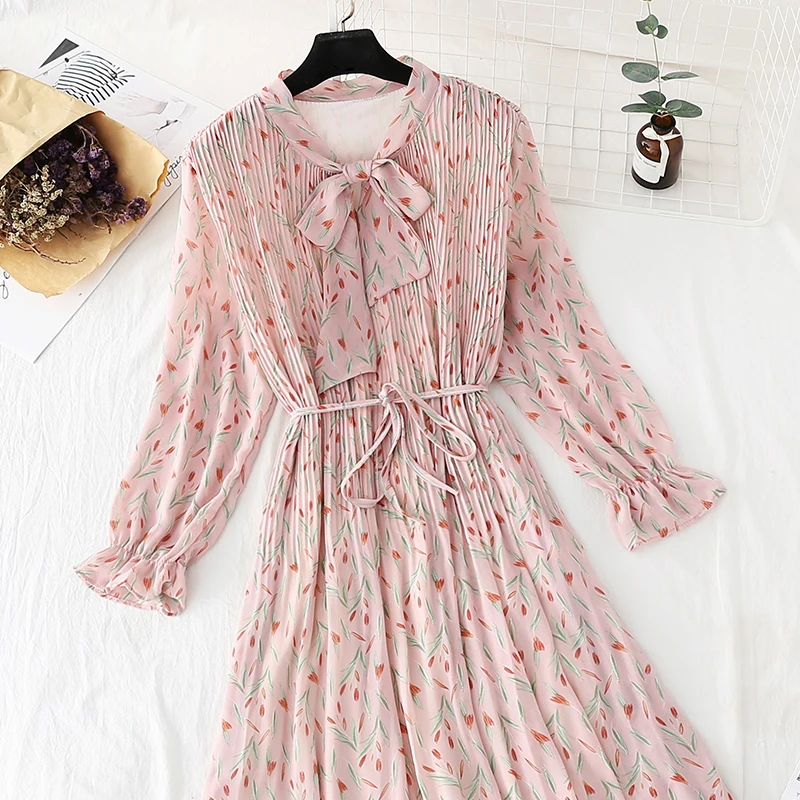 

Elegant Women Floral Print Dress 2021 New Spring Autumn Female Casual Long sleeve Pleated Chiffon Vintage A-line Dress Vestidos