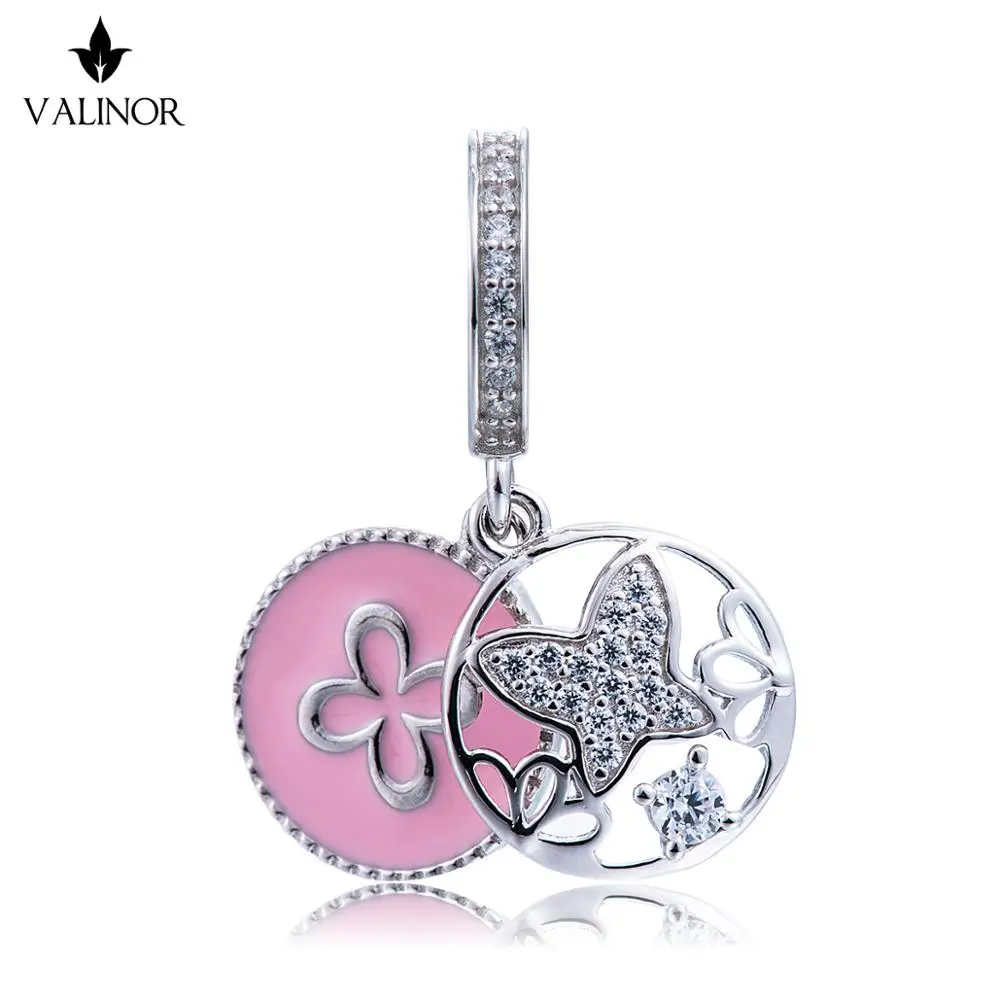 Видео! Розовый цветок бабочки танцевальные 925 пробы Серебряные Подвески подходят