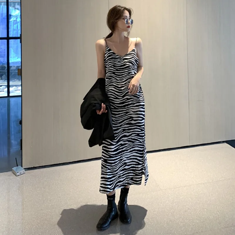 

Spring 2021 new women's clothes suspenders net red dress foreign zebra pattern wild A-line mid-length skirt