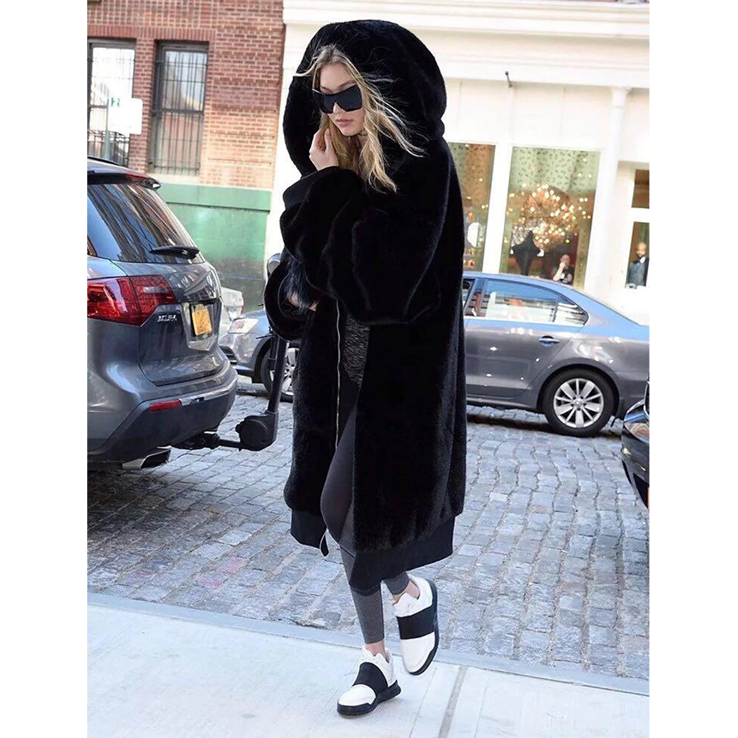 

Winter Faux Fur Long Coat Women Thick Warm Fluffy Oversized Hooded Coats Overcoat Female Loose Plush Fur Jackets Outerwear