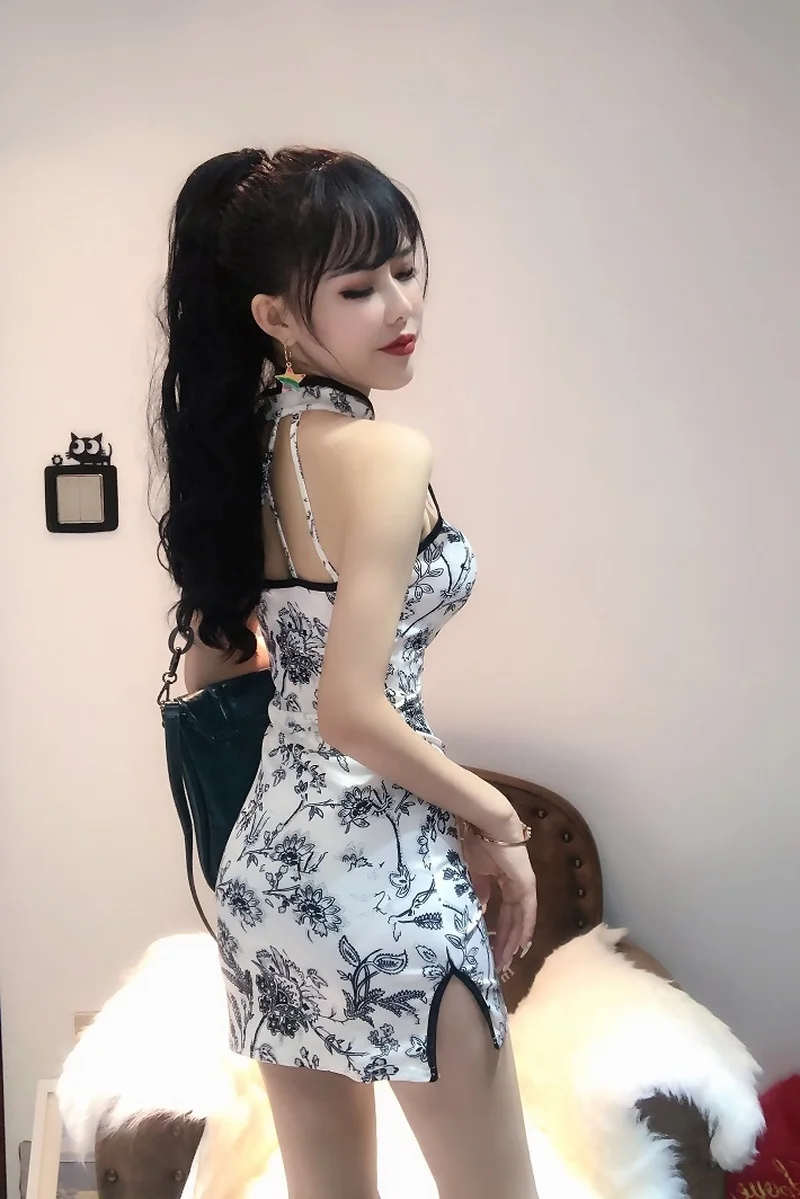 

Mazefeng 2020 Women Summer Sexy sleeveless Dress Ladies Chinese style Bodycon backless Mini cheongsam Package hip Dresses forked