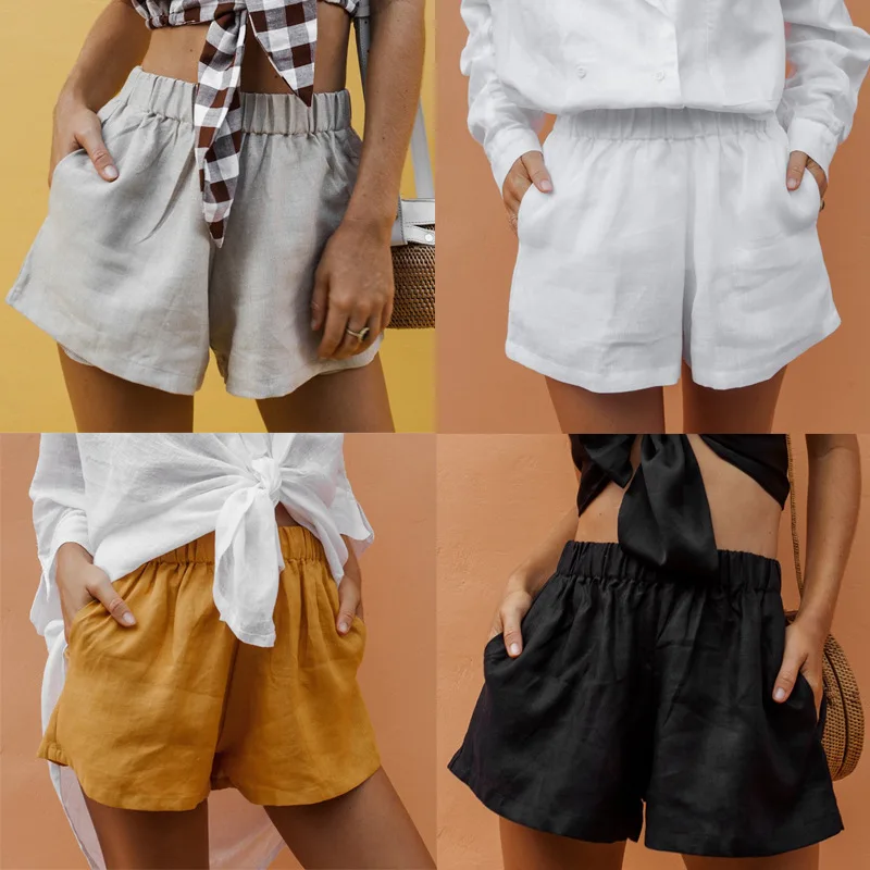 

2020 Summer New Women's Cotton Linen Shorts Solid Elastic Waist Loose Casual Shorts Yellow Soft High Waisted Shorts For Women