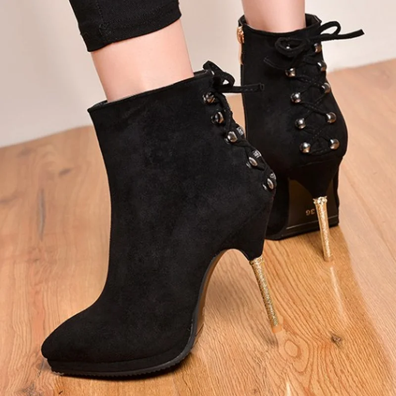 Женские замшевые ботинки до щиколотки привлекательные осенние на тонком высоком