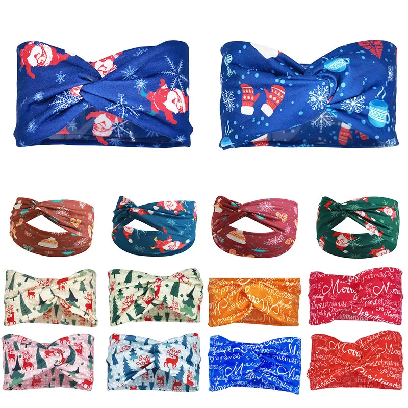 

Christmas Print Headband Cross Girls Hair Accessories Xmas Gifts Adult Kids Wide Elastic Soft Hairband Headwrap Turban Headwear