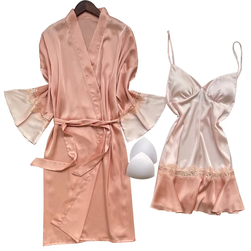 

Sexy Patchwork Lace Nightgown Summer Women Robe Set Kimono Gown V-Neck Knee-Length Nightdress Sleepwear Silky Satin Home Clothes