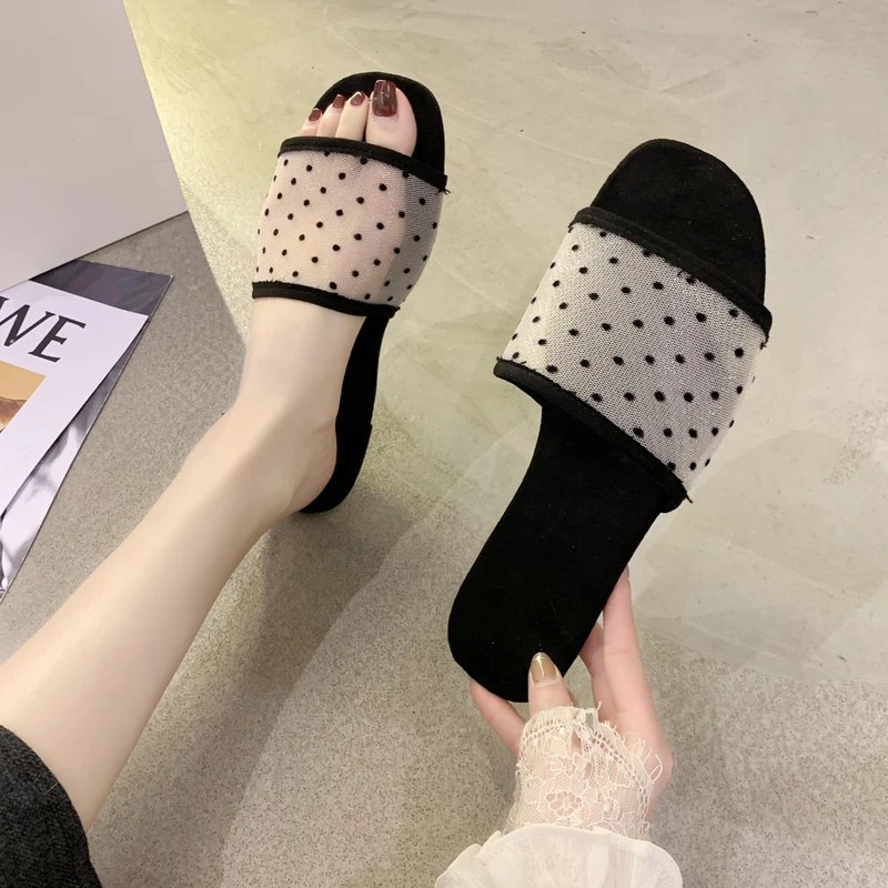 

2021 Summer Shoes Woman Flats Slippers Polka Dot Mesh Sandals Women Casual Flat Flip-flops Flat With Leisure Slides Sandalias