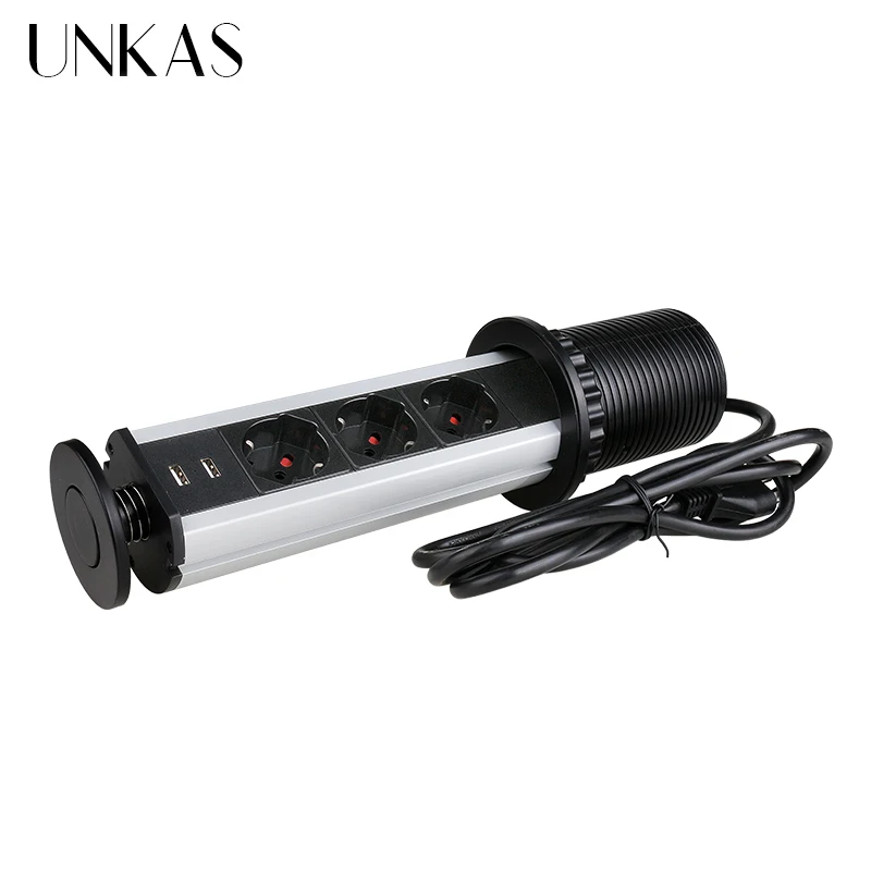 UNKAS-enchufe de pared 13A POP UP 3, toma de mesa de cocina con puerto de carga USB Dual, toma para escritorio, cuerpo de aluminio negro plateado