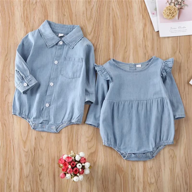 

0-18M Toddler Kids Baby Boy Girl Denim Romper Clothes Solid Long Sleeve Casual Jumpsuit Autumn Spring Boutique Romper Outfits
