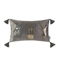 high grade grey velvet cushion cover decorative gray plush pillowcase insects pattern throw pillow cover with tassel