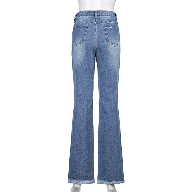 

YYXZ Spring Autumn Fashion Slim SML Contrast Color Patchwork Holes Tassels Woman Casual Flare Jeans Pants Lady Denim Trousers